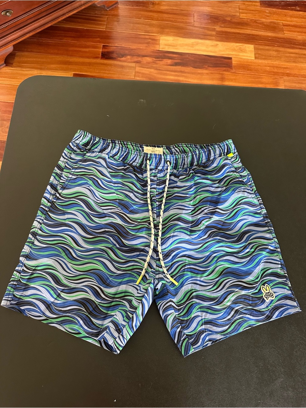 Pyscho Bunny Men's Blue & Green Wave Print Swim Trunks Size Large